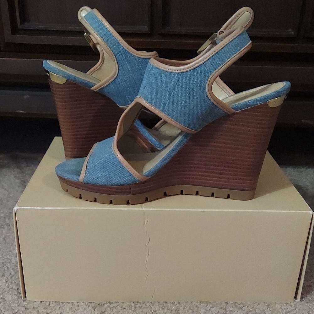 MICHAEL Michael Kors Blue Denim and Tan Wedges